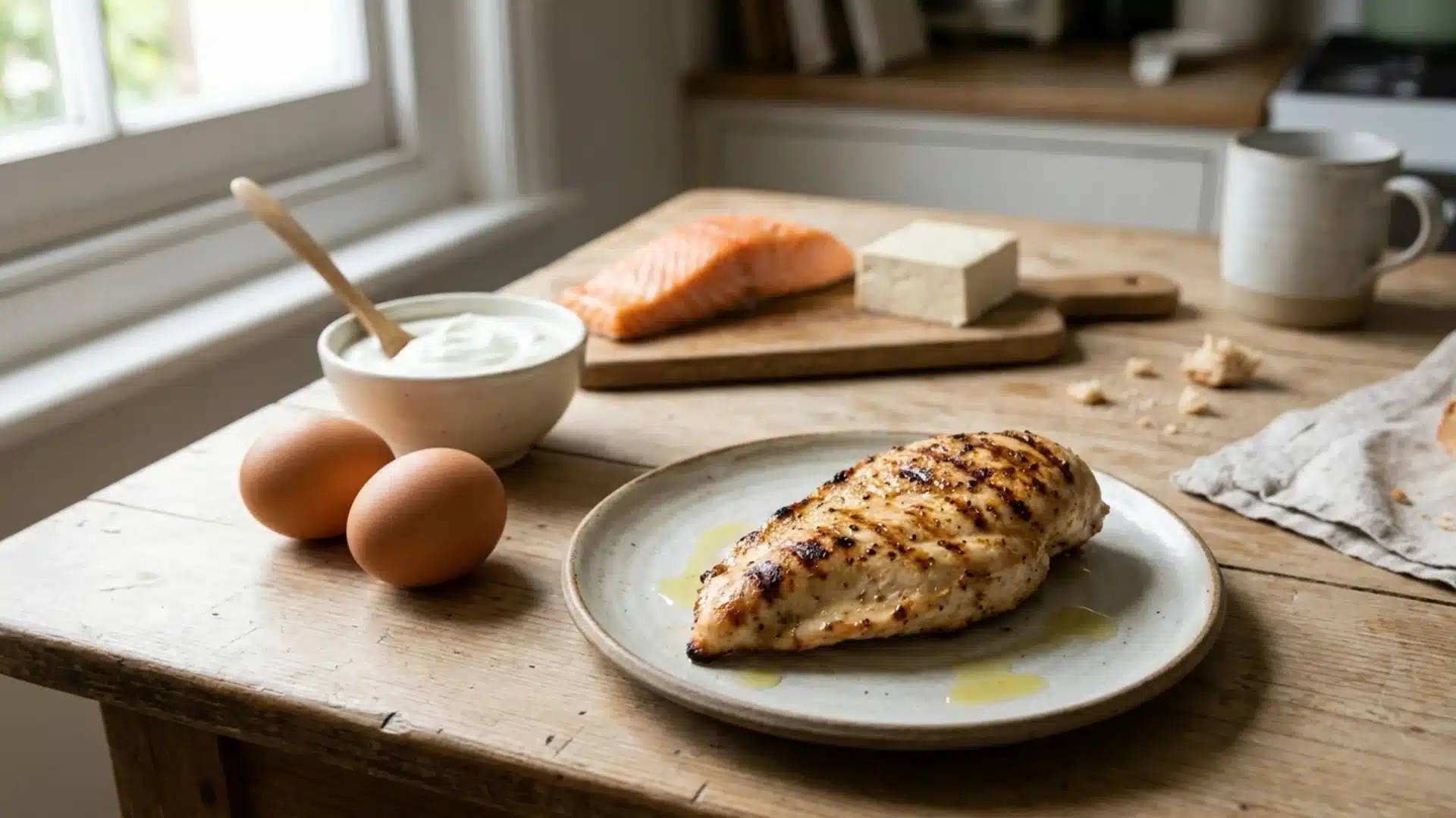 An assortment of high-protein foods arranged neatly on a wooden kitchen table.