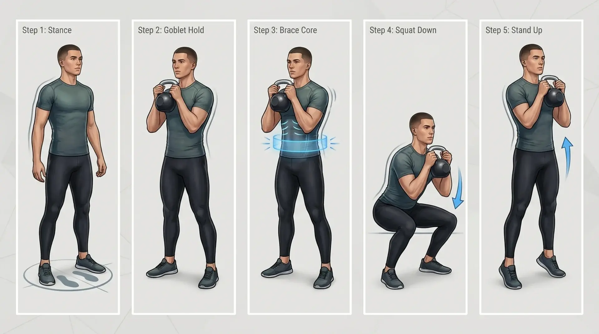 Infographic showing five goblet squat steps with proper kettlebell form and movement cues.