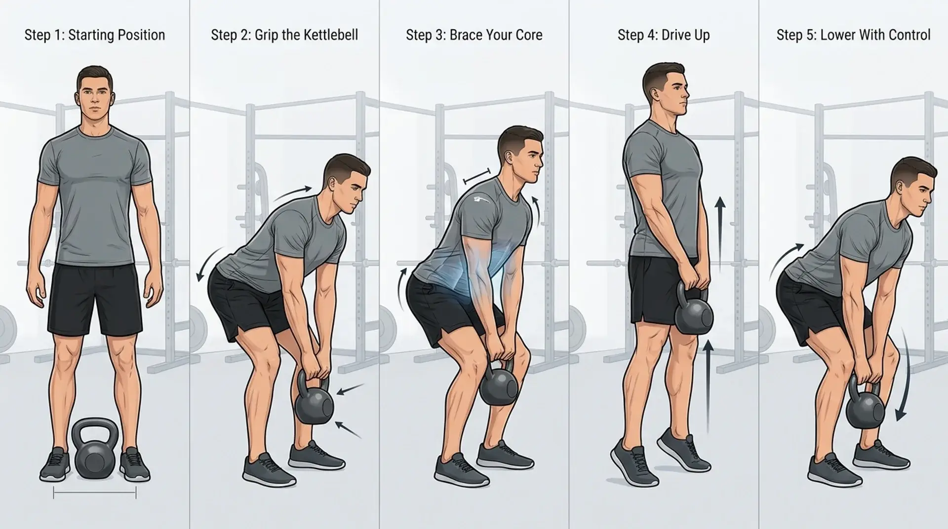 Kettlebell deadlift infographic showing proper setup, lift, and lowering steps.