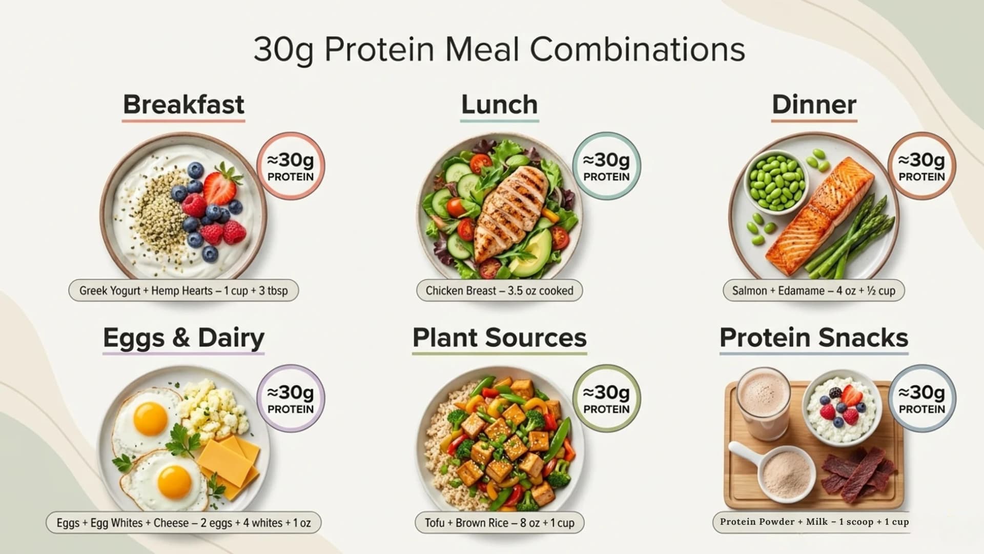 Visual guide showing six food and meal combinations that provide 30 grams of protein.