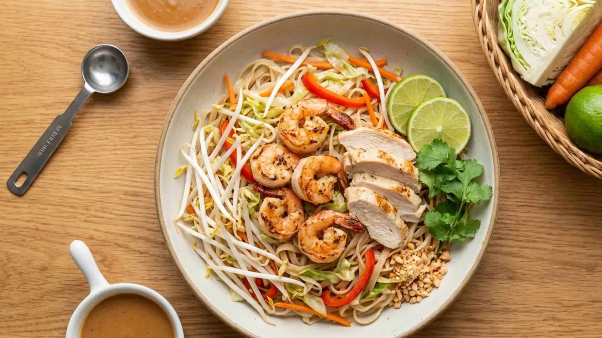 A top-down view of a light home-cooked Pad Thai dish garnished with shrimp, chicken, peanuts, lime, and bean sprouts.