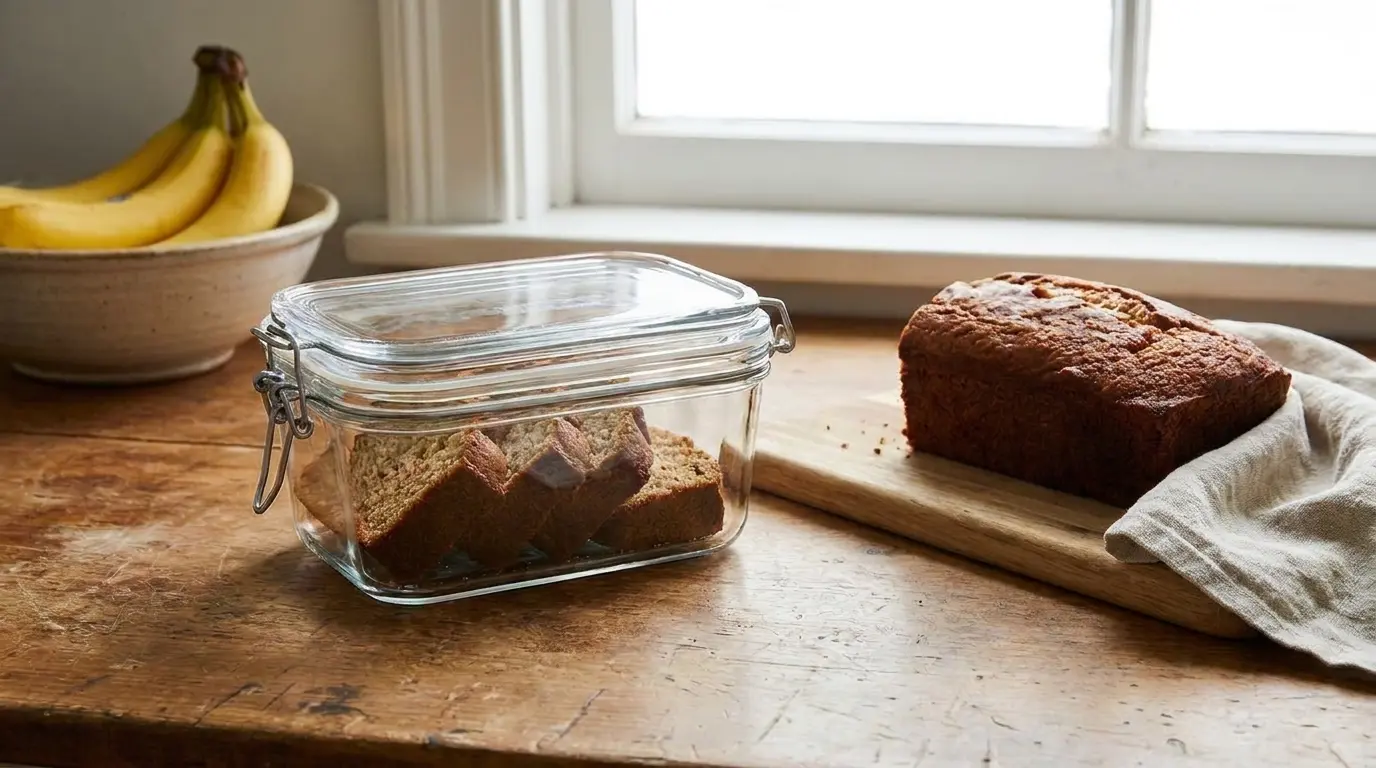 Sliced banana bread stored in a glass container beside a fresh loaf on a wooden board.