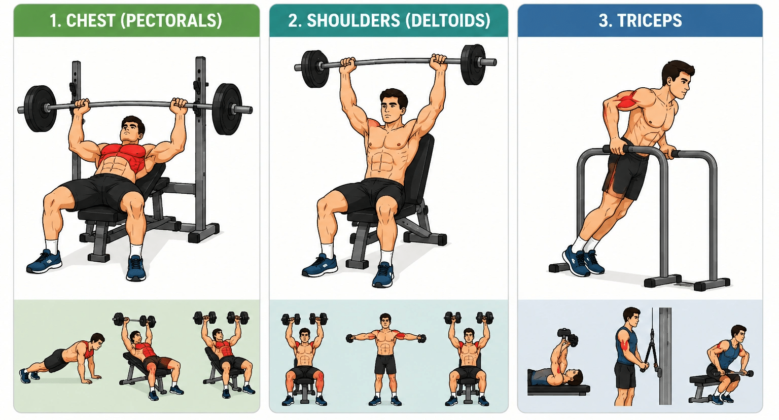 Upper body push exercises showing chest, shoulders, and triceps muscles worked during pressing movements.