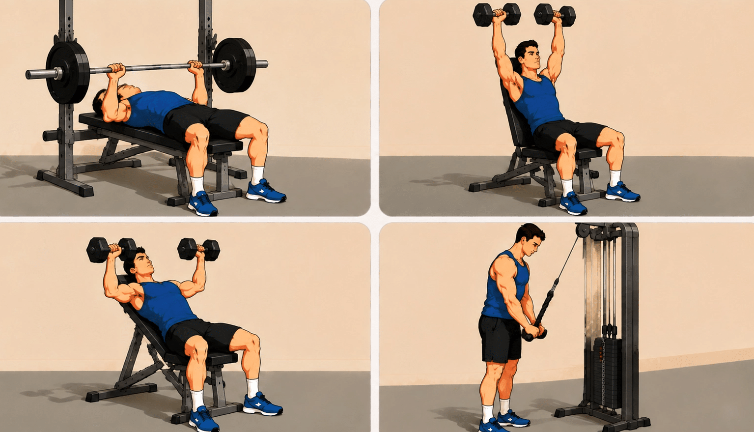 Sample upper body push workout showing bench press, shoulder press, incline dumbbell press, and triceps pushdowns.