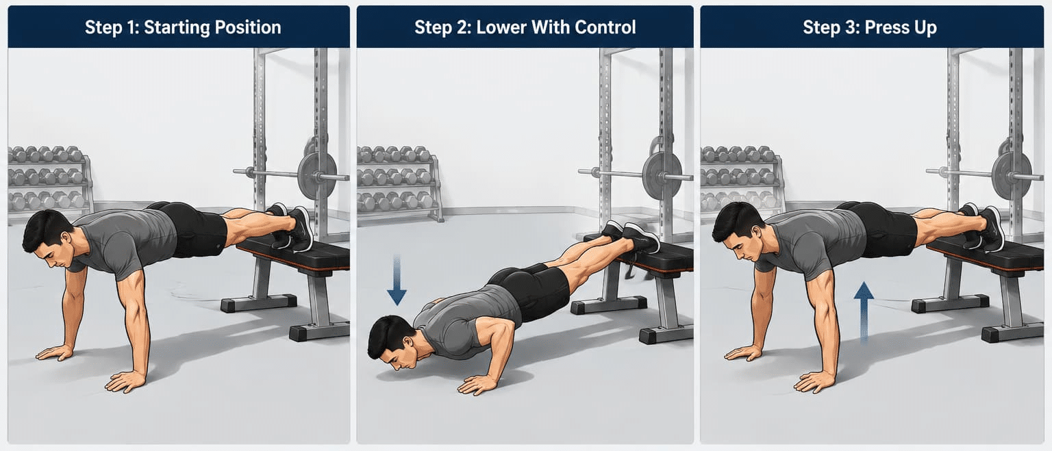 Three-panel illustration showing how to perform a decline push-up using a bench — starting position, lowering phase, and pressing back up.