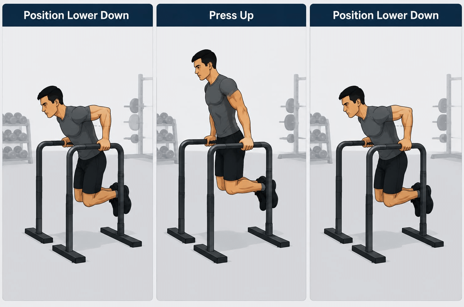 Three-panel illustration showing how to perform chest dips