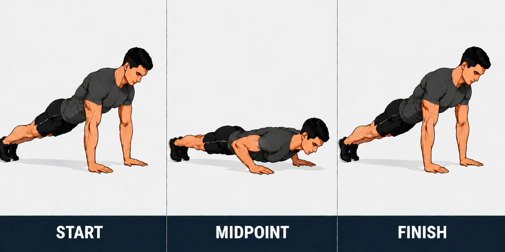 Three-panel illustration showing how to perform a slow eccentric pushup