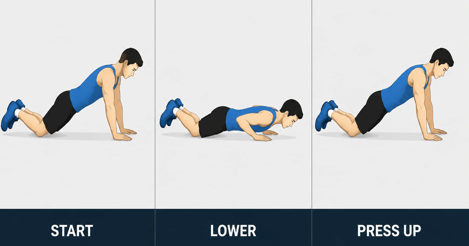 Three-panel illustration showing how to perform a modified pushup