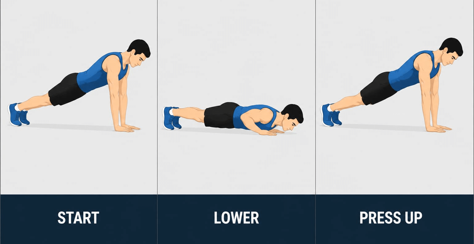 Three-panel illustration showing how to perform a narrow pushup