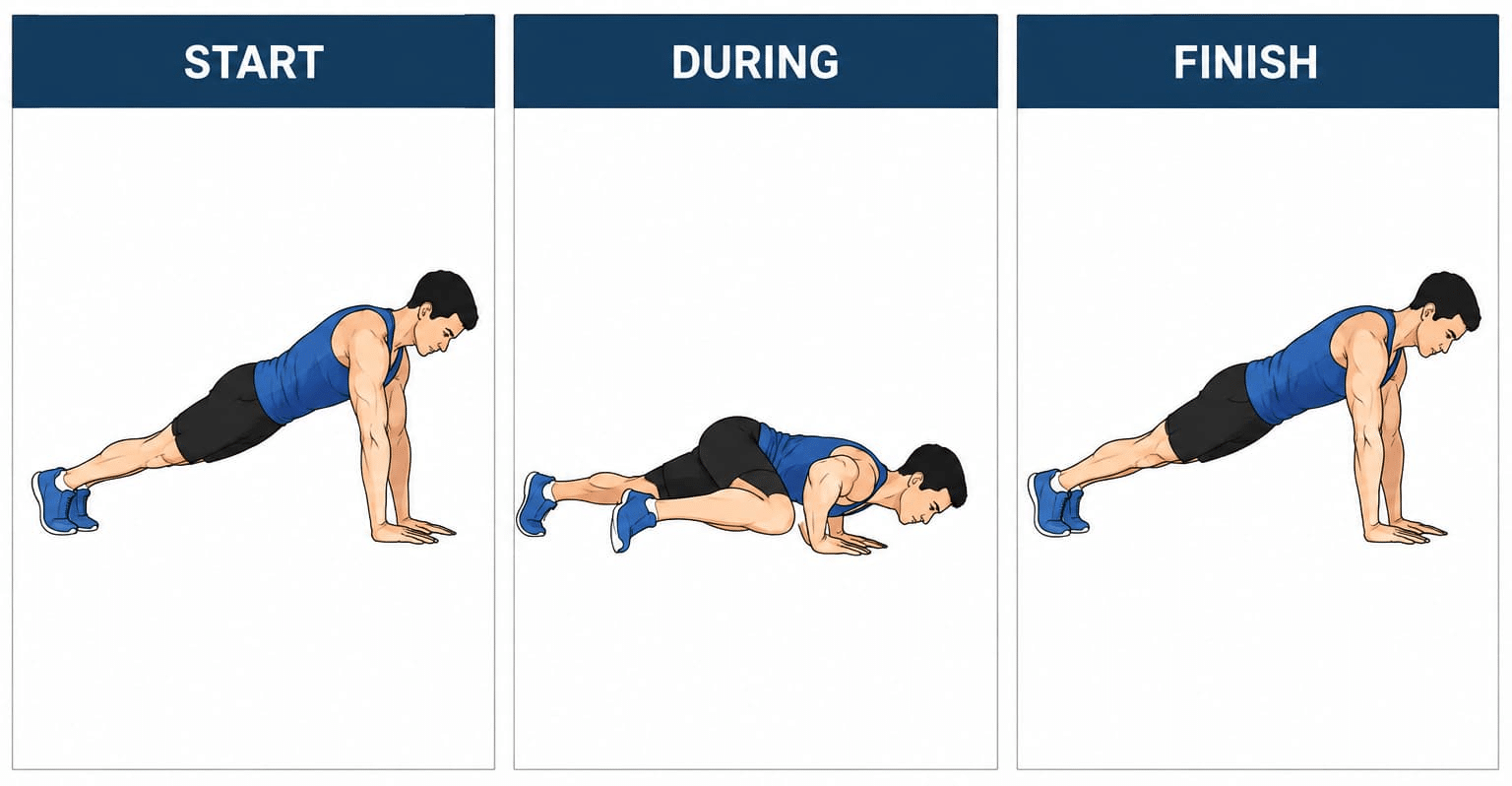 Three-panel illustration showing how to perform a grasshopper pushup