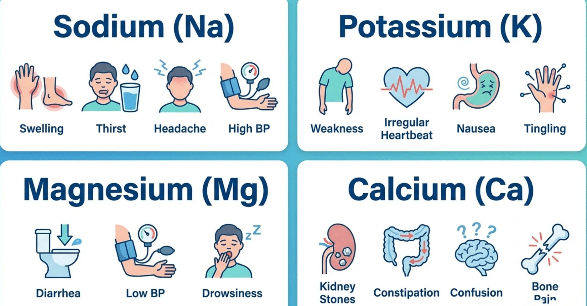 An educational 2x2 grid infographic detailing the side effects of excess electrolytes.
