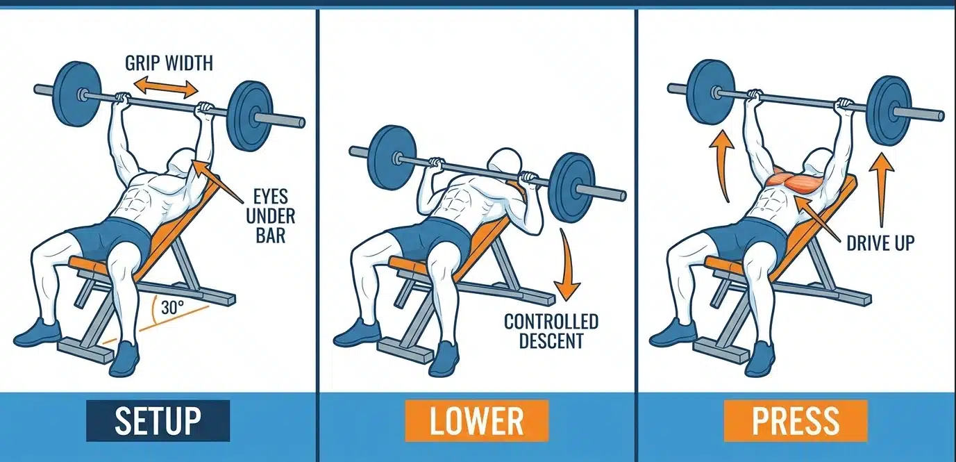 Incline barbell bench press exercise with a lifter pressing a barbell on an angled bench.