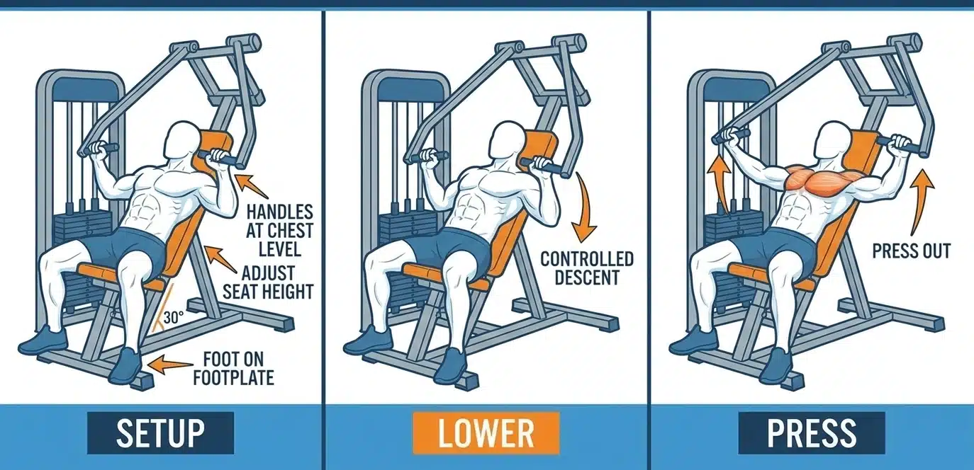 Incline chest press machine exercise with controlled pressing movement for the chest
