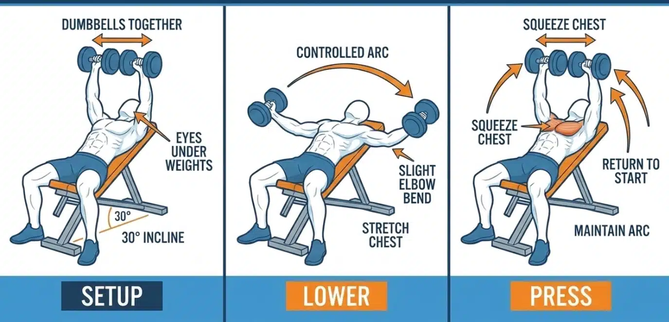 Incline dumbbell fly exercise with arms opening wide to stretch the upper chest