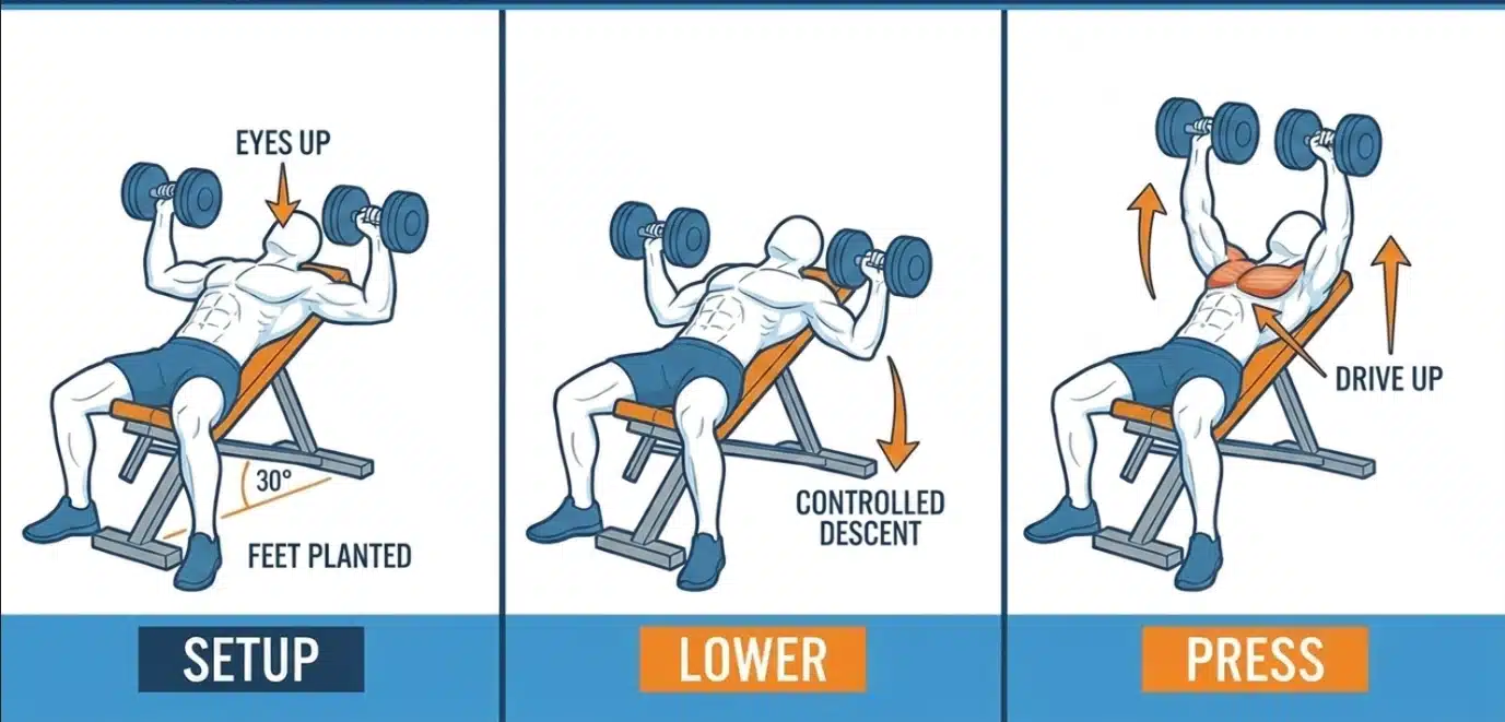 Incline dumbbell press exercise showing dumbbells pressed upward on an angled bench