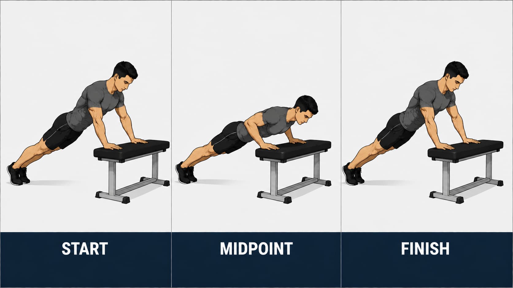 Three-panel illustration showing how to perform an incline pushup