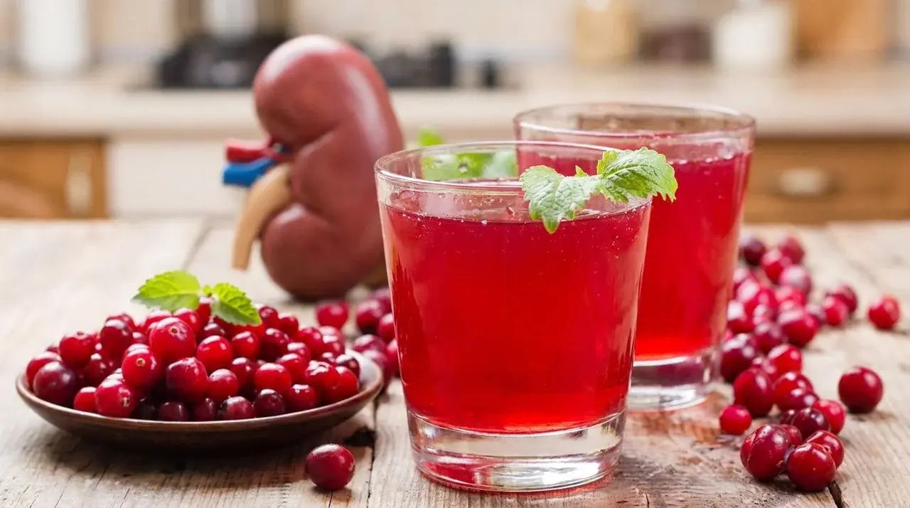 Cranberry juice with fresh cranberries and kidney illustration in the background.