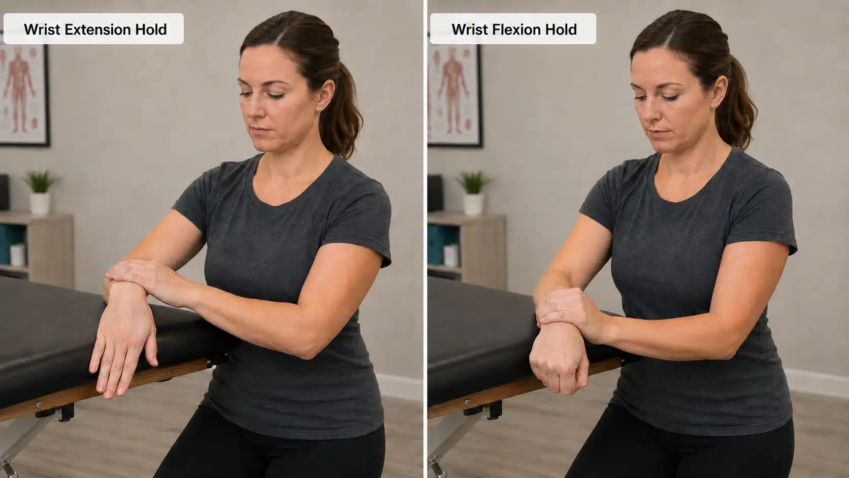 Person holding wrist position against resistance during an isometric exercise for tennis elbow pain relief.