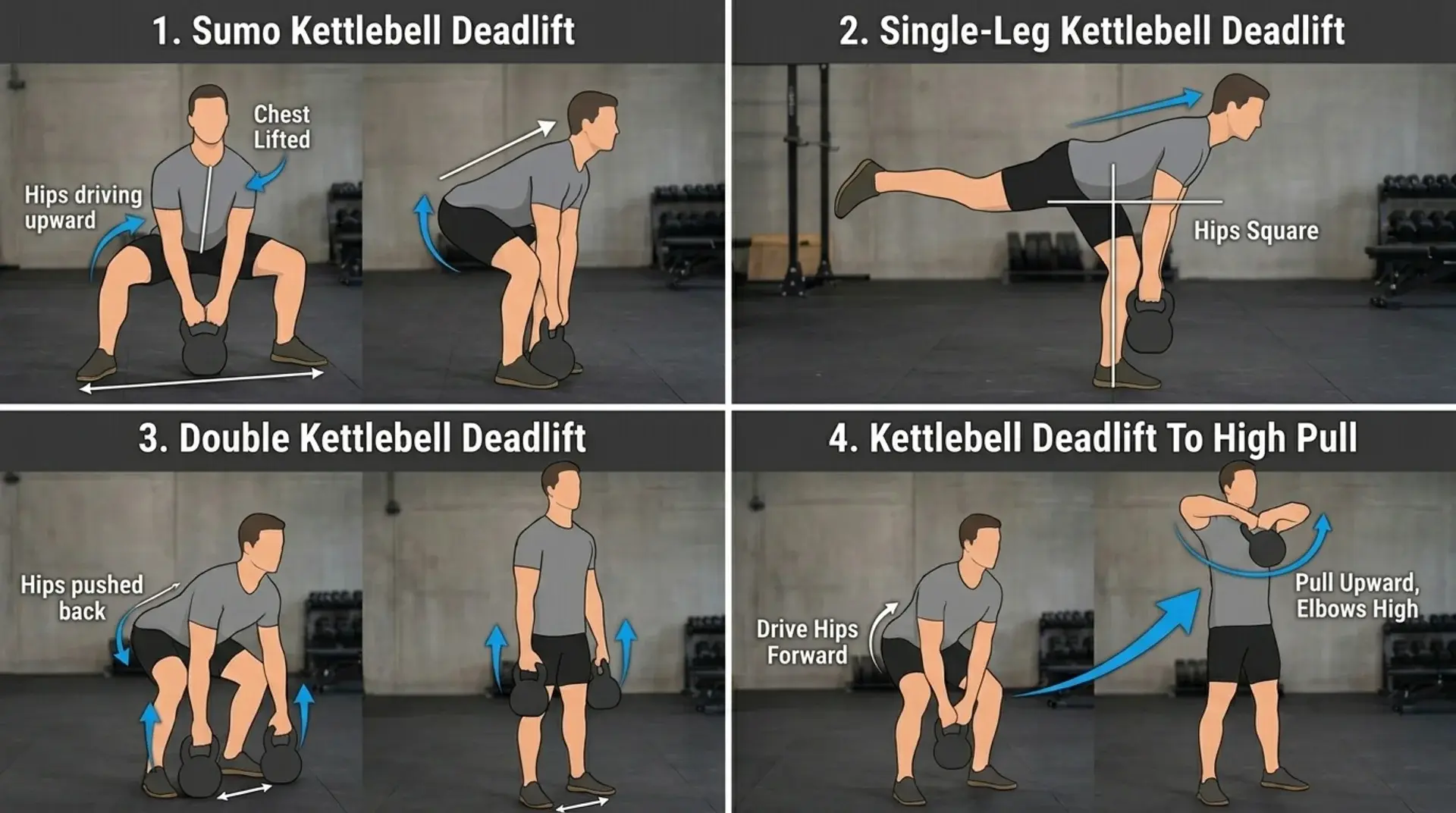 Infographic showing four kettlebell deadlift variations and correct movement techniques.