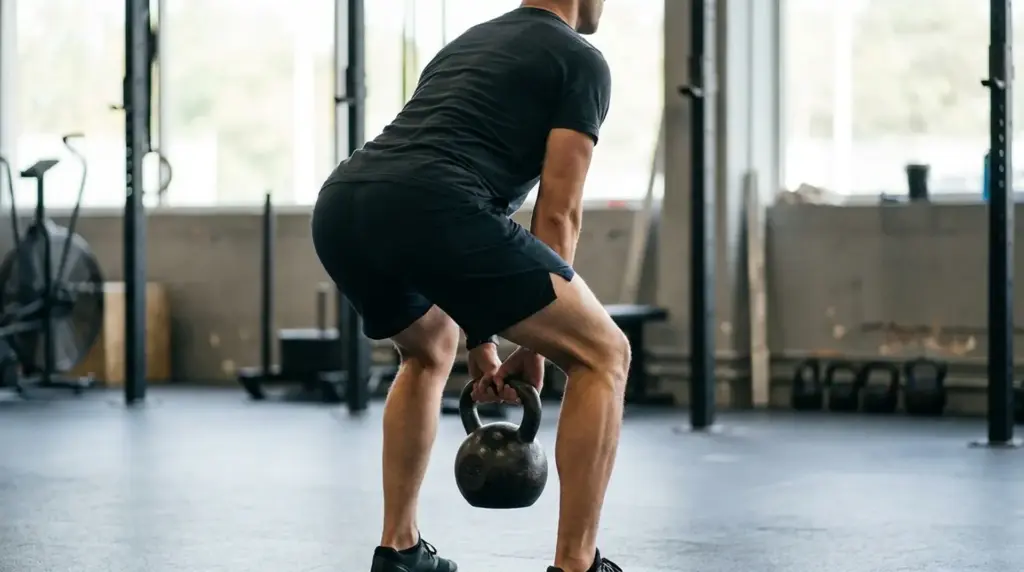 Person performing a kettlebell deadlift with proper hip hinge form in a workout space.