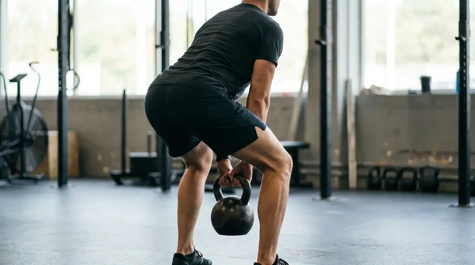 Person performing a kettlebell deadlift with proper hip hinge form in a workout space.