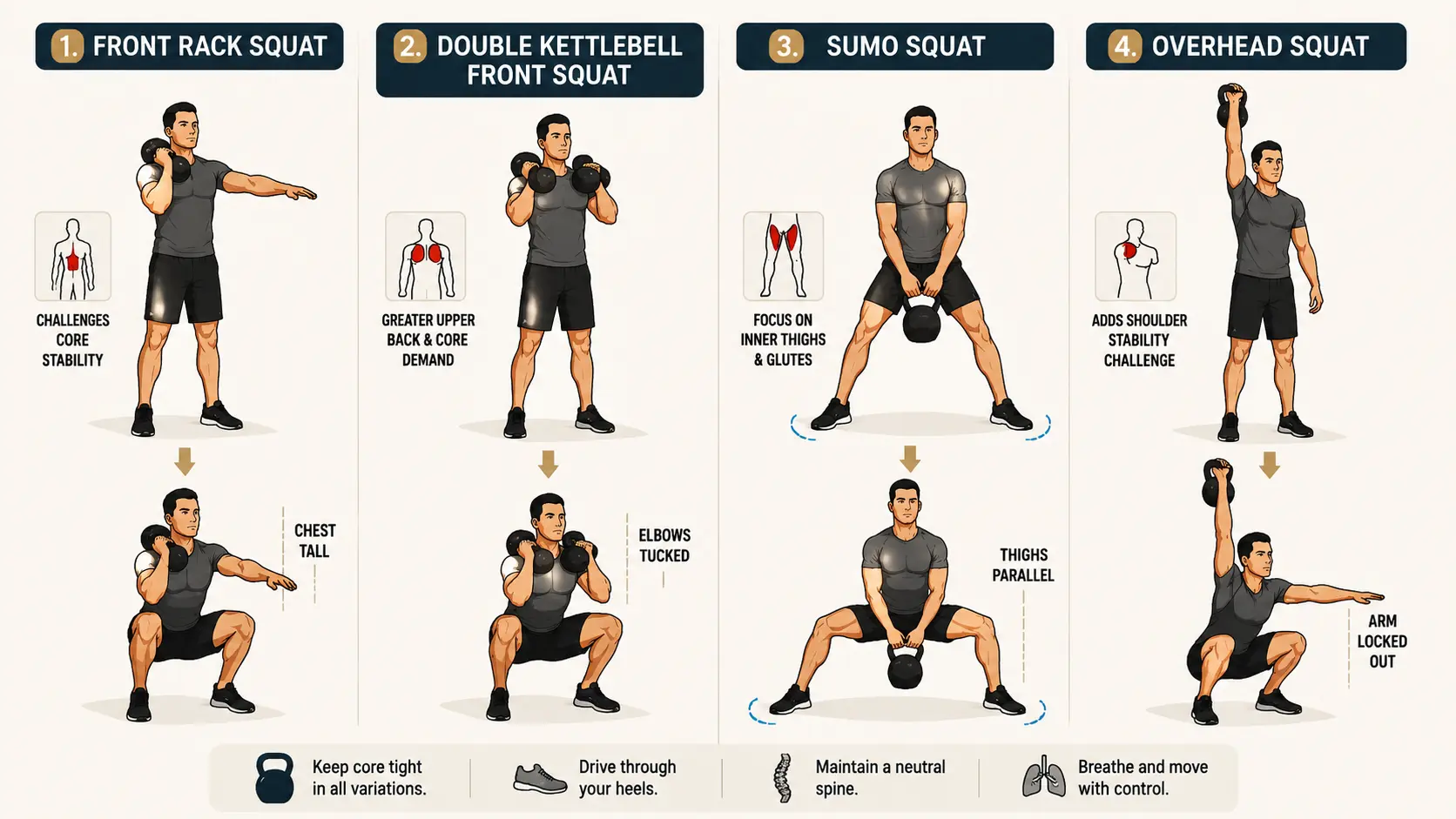 Kettlebell squat variations infographic showing front rack, sumo, double, and overhead squats.