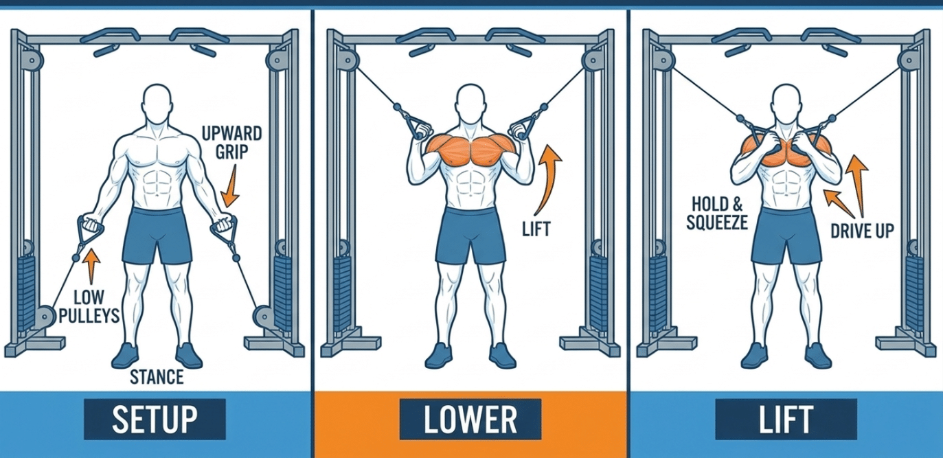 Low-to-high cable fly exercise using cables to target the upper chest muscles