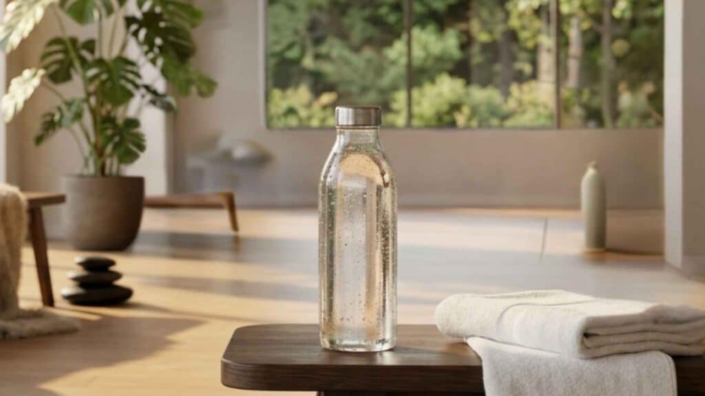 Water bottle and folded towels on a gym bench with dumbbells, battle ropes, and treadmills in the background.