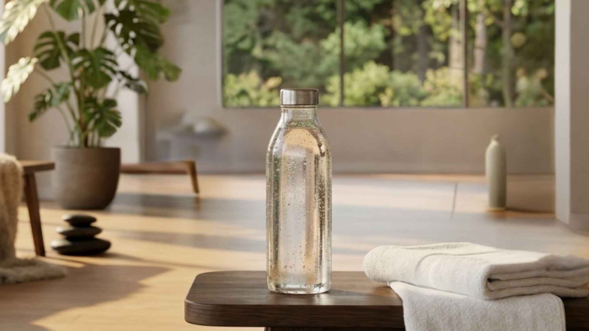 Water bottle and folded towels on a gym bench with dumbbells, battle ropes, and treadmills in the background.