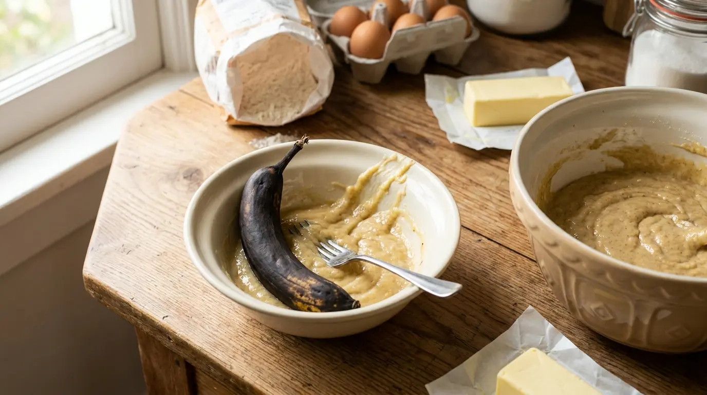 Ripe banana being mashed with a fork beside banana bread batter, flour, eggs, butter, and sugar on a wooden counter.