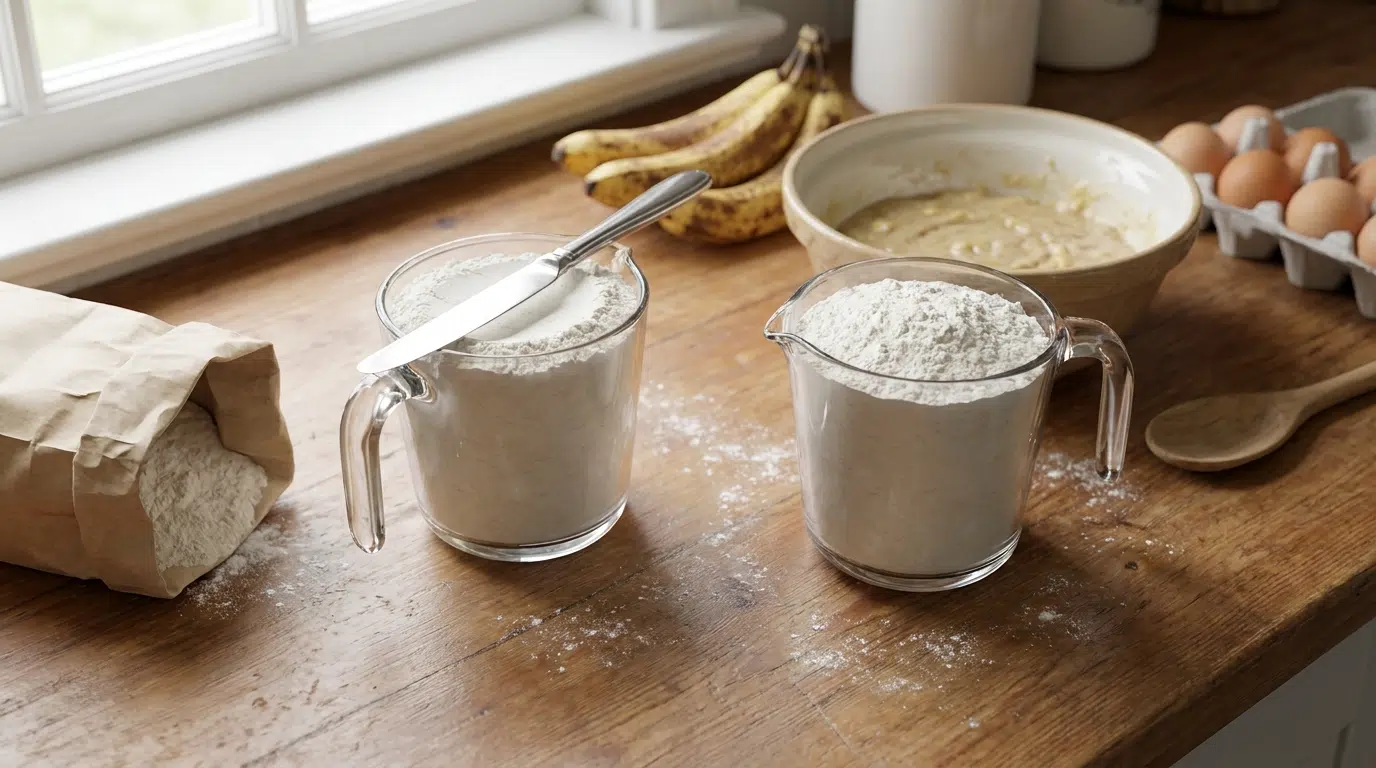 Two measuring cups filled with flour on a wooden counter, with bananas, eggs, and banana bread batter in the background.