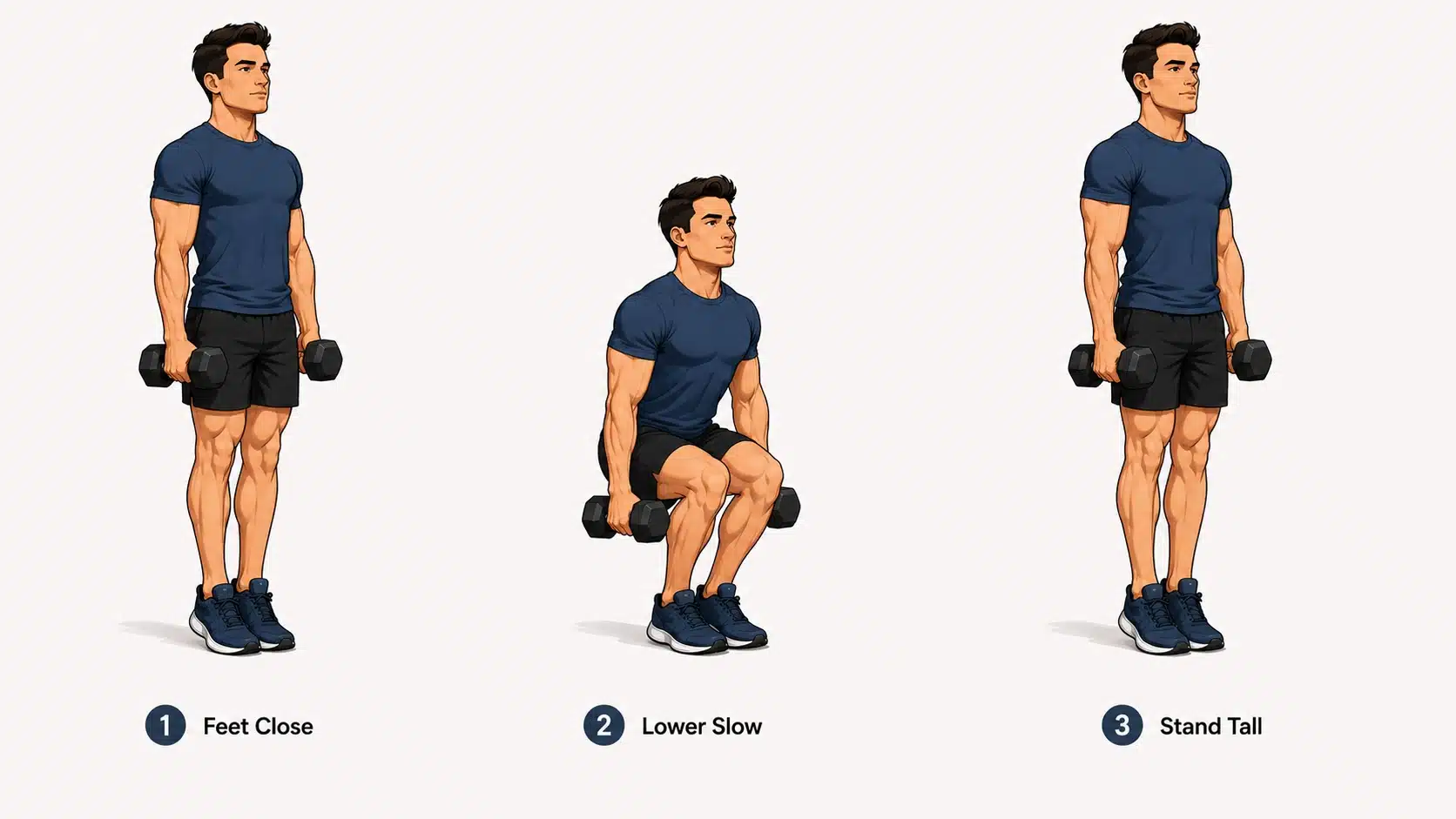 Man performing a narrow-stance dumbbell squat with feet close together and weights held at his sides.