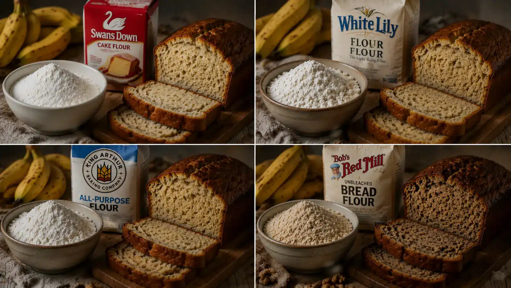 Collage comparing Swans Down, White Lily, King Arthur, and Bob&rsquo;s Red Mill flours with banana bread slices.