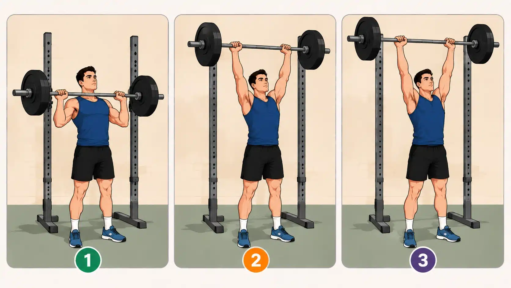 Overhead shoulder press steps showing proper barbell form from shoulder position to full overhead lockout.