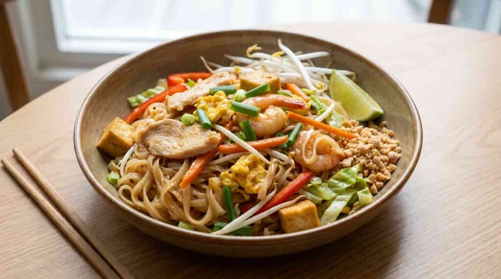 Pad Thai with rice noodles, chicken, shrimp, tofu, egg, vegetables, peanuts, and lime.