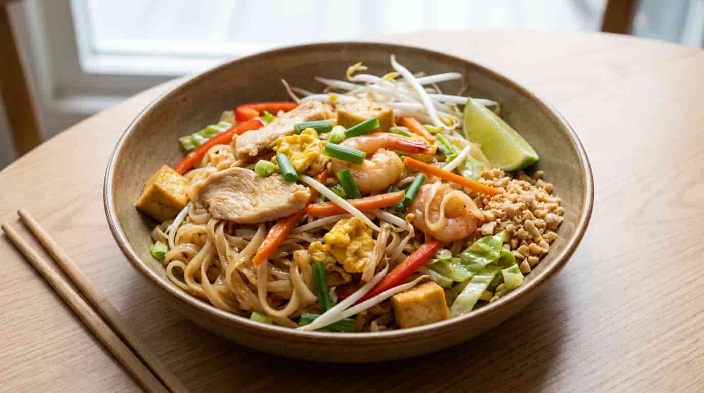 Pad Thai with rice noodles, chicken, shrimp, tofu, egg, vegetables, peanuts, and lime.
