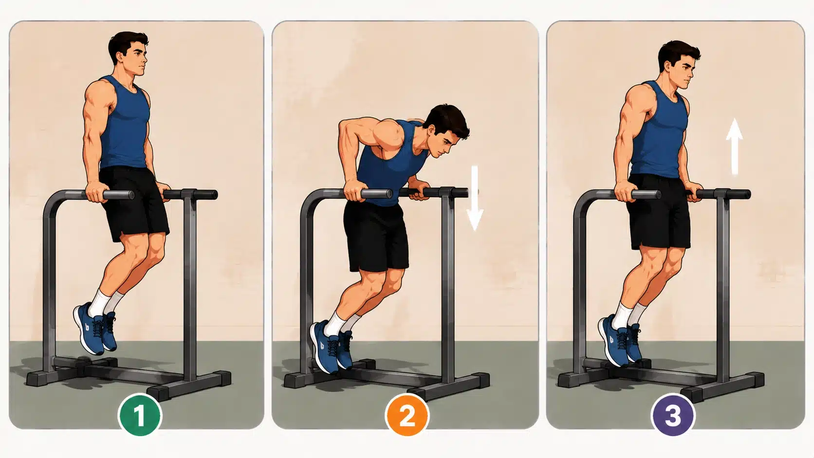 Parallel bar dips steps showing proper form from the starting position to lowering and pressing the body back up.