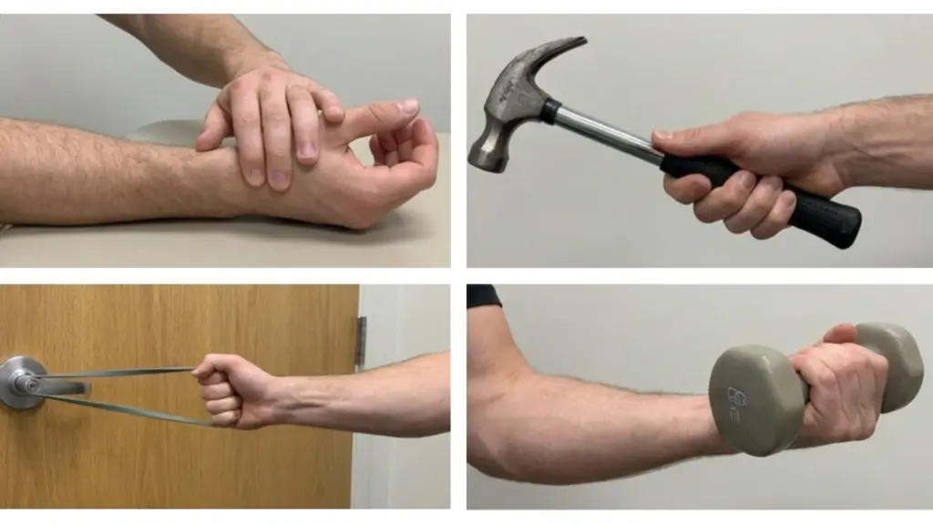 Four-panel physical therapy exercises for tennis elbow showing wrist holds, dumbbell curls, resistance band training, and forearm rotation.