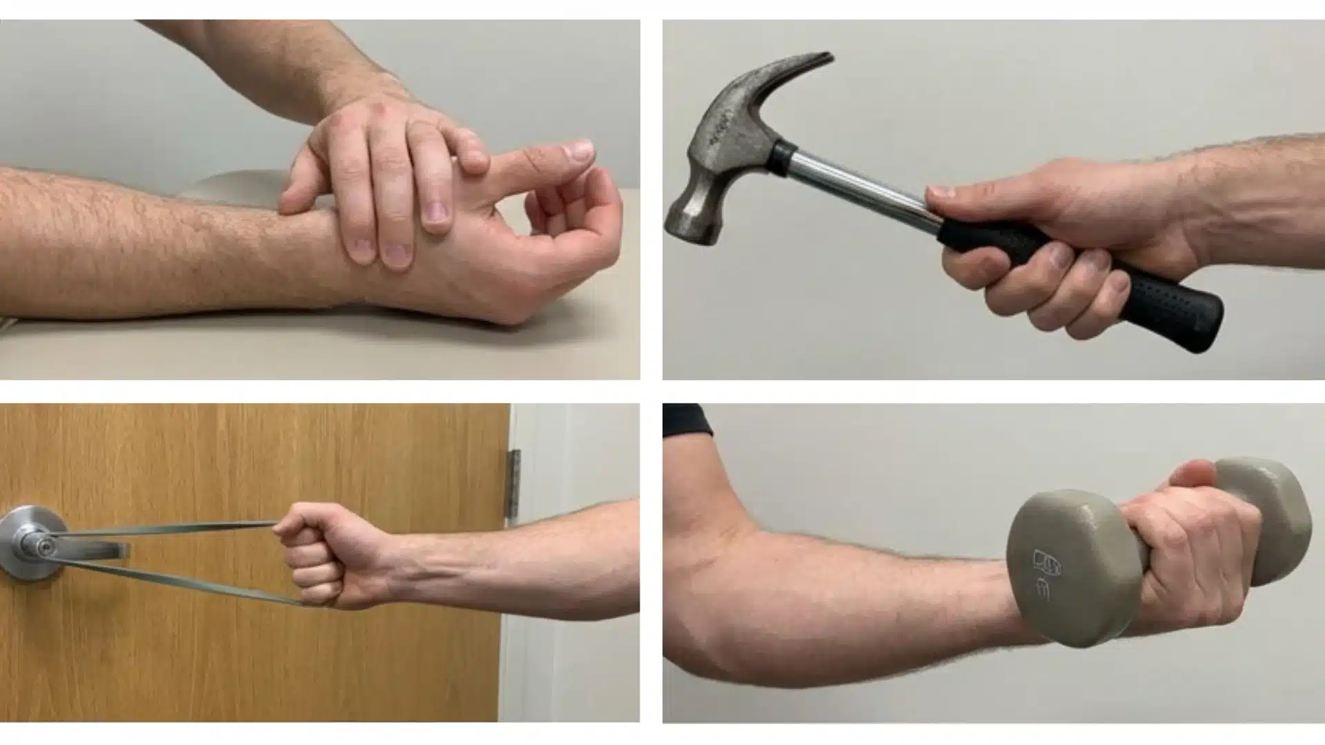 Four-panel physical therapy exercises for tennis elbow showing wrist holds, dumbbell curls, resistance band training, and forearm rotation.