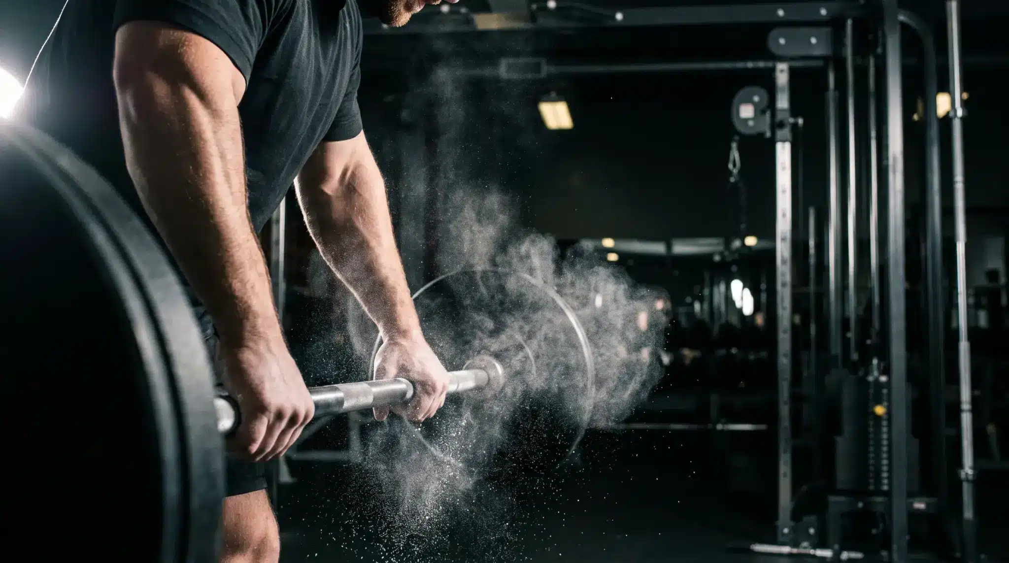 Person performing a barbell deadlift in a dark gym with chalk dust and dramatic lighting.