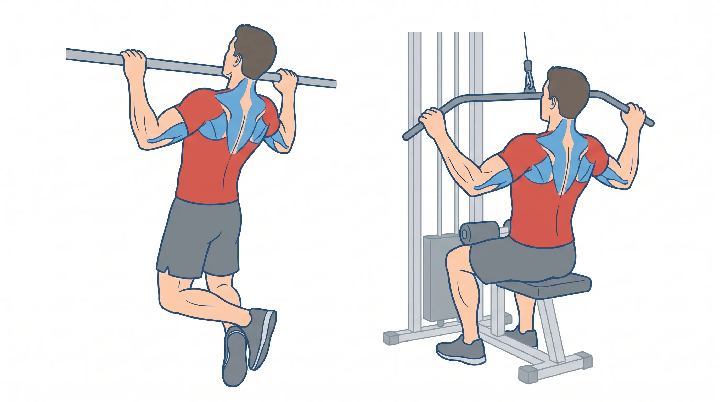 Fitness illustration showing pull-up and lat pulldown exercises for back and upper-body training.