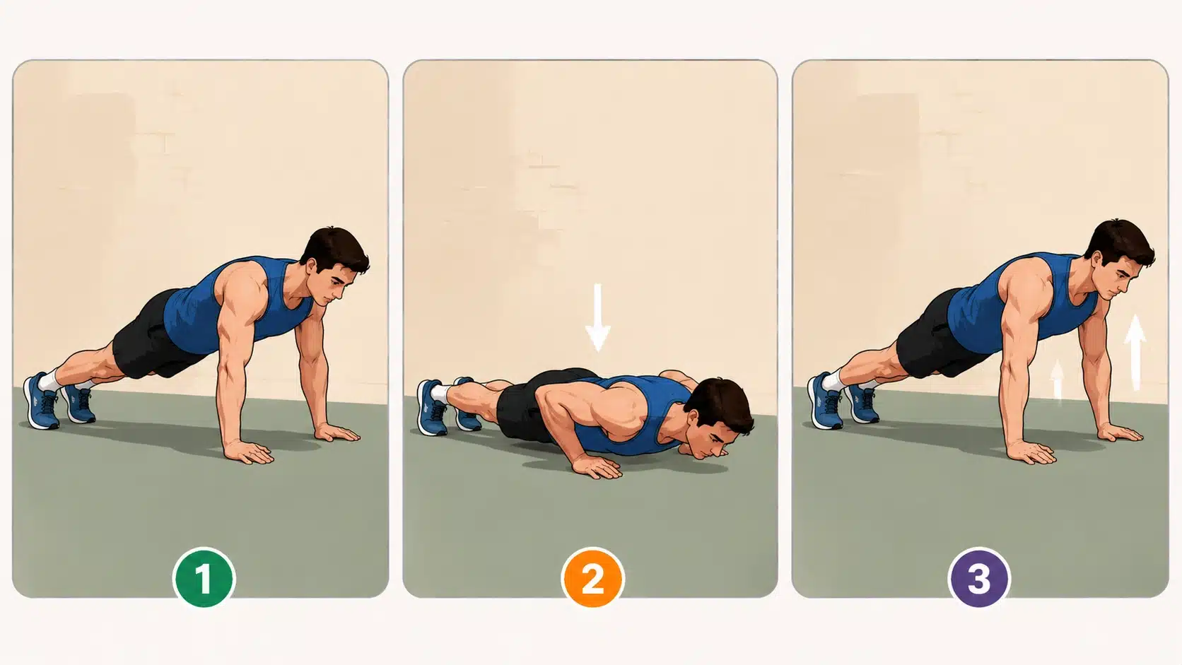 Push-up exercise steps showing proper form from plank position to lowering and pressing back up.