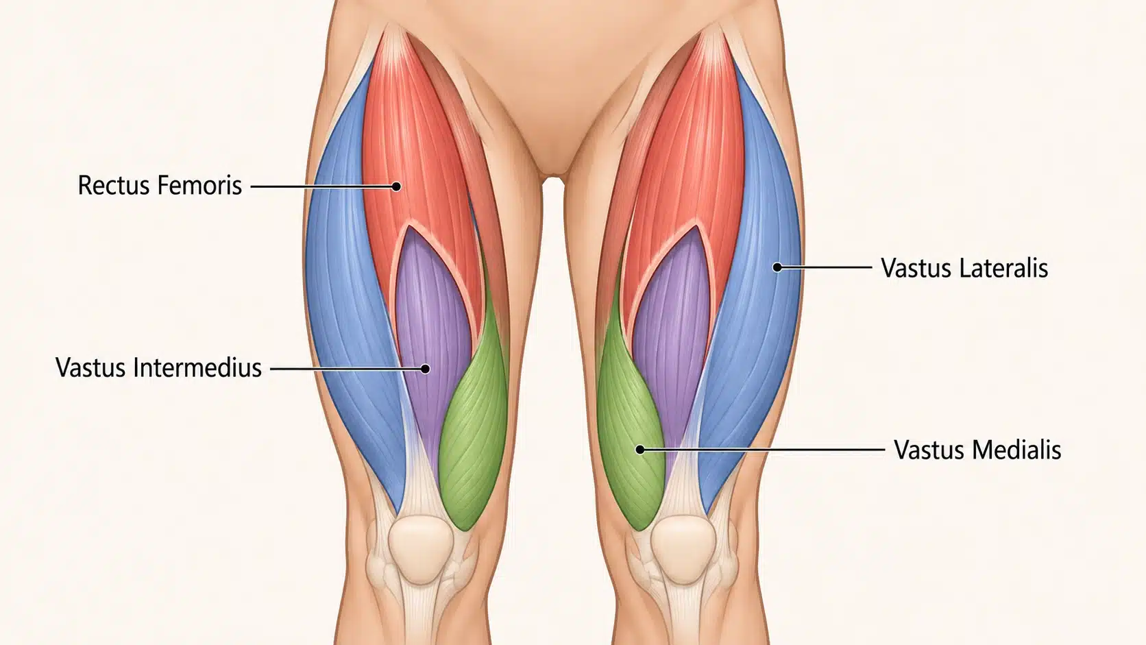 Labeled quadriceps anatomy showing the rectus femoris, vastus lateralis, vastus medialis, and vastus intermedius.