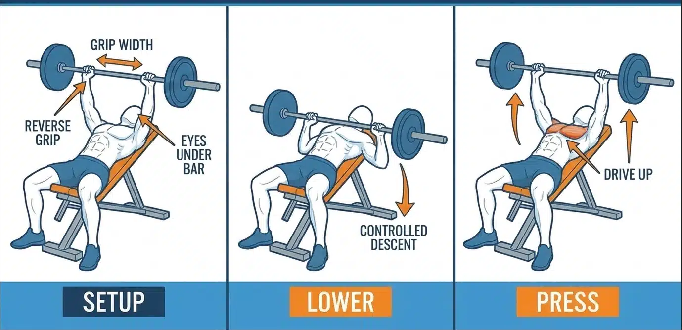 Reverse-grip bench press exercise using an underhand grip to target the upper chest