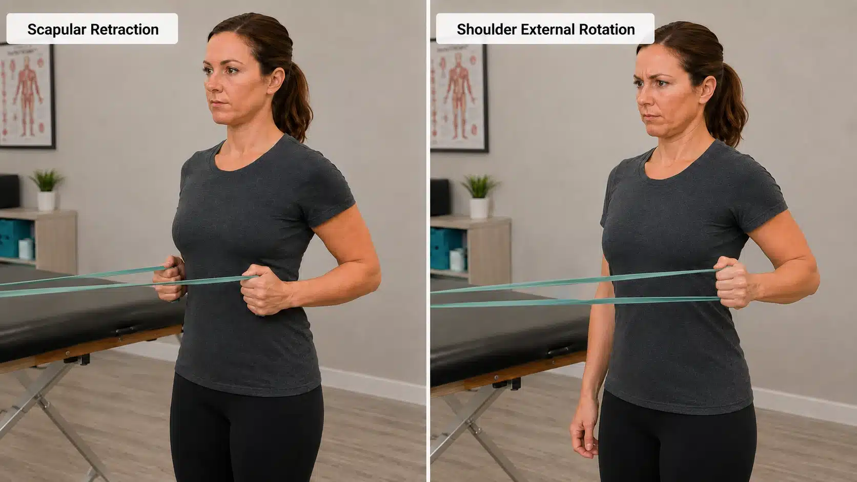 Woman performing scapular retraction and shoulder external rotation exercises using a resistance band.