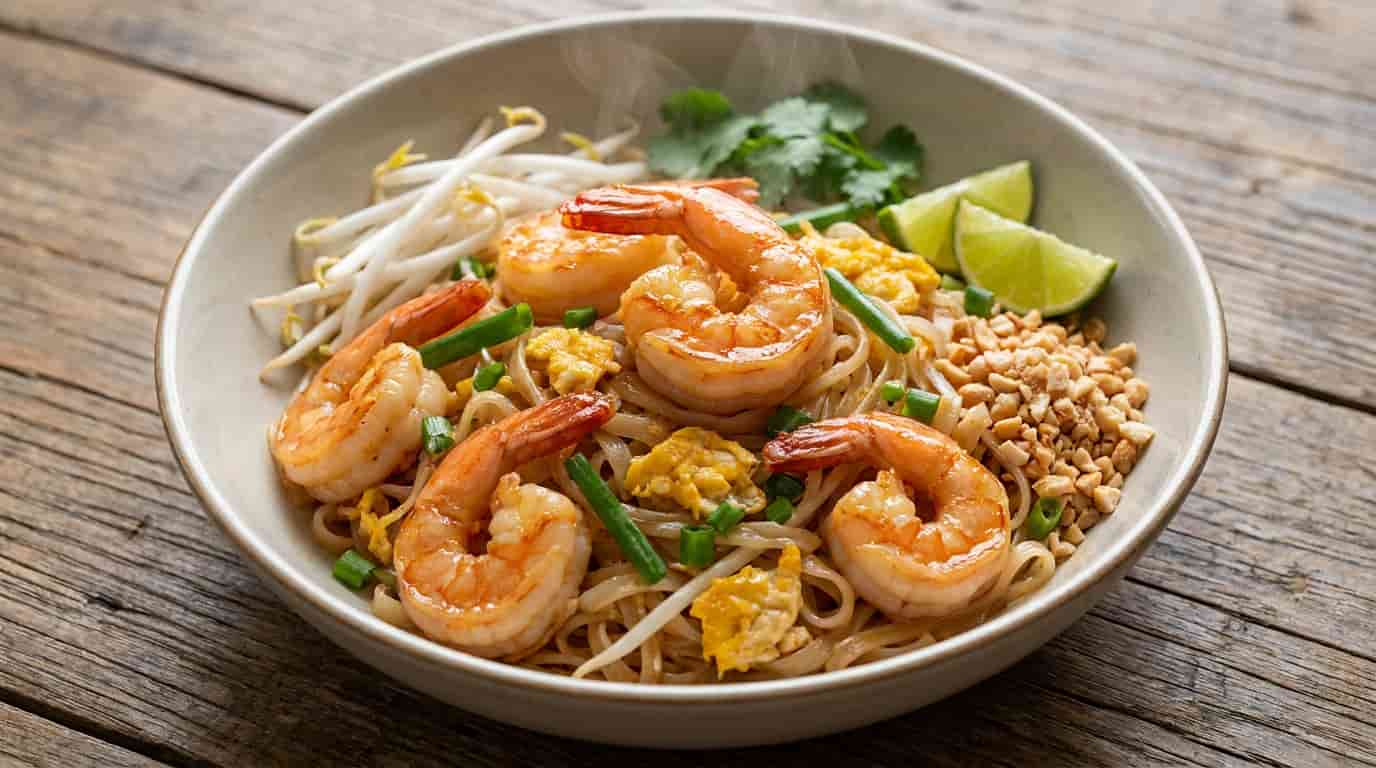 Shrimp Pad Thai with rice noodles, egg, bean sprouts, crushed peanuts, lime, cilantro, and green onions.