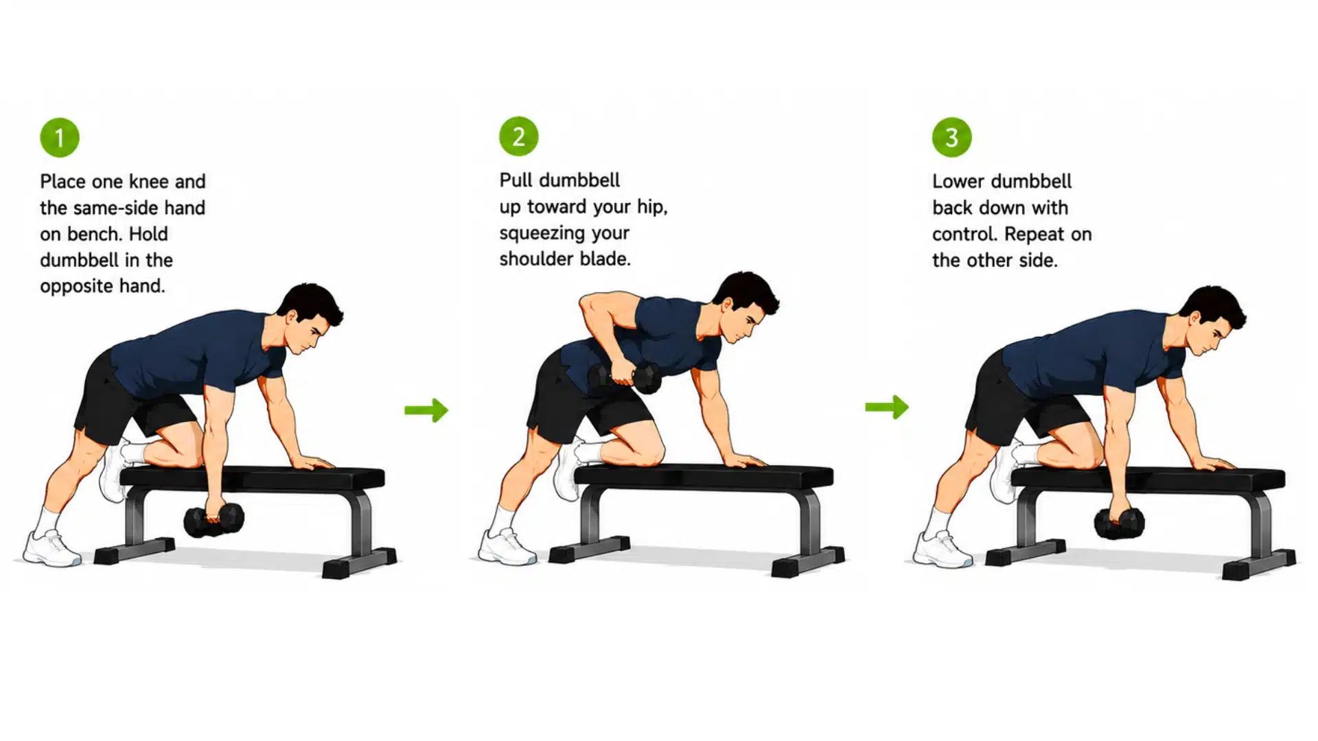Cartoon man demonstrating single-arm dumbbell row using a bench and controlled pulling motion.