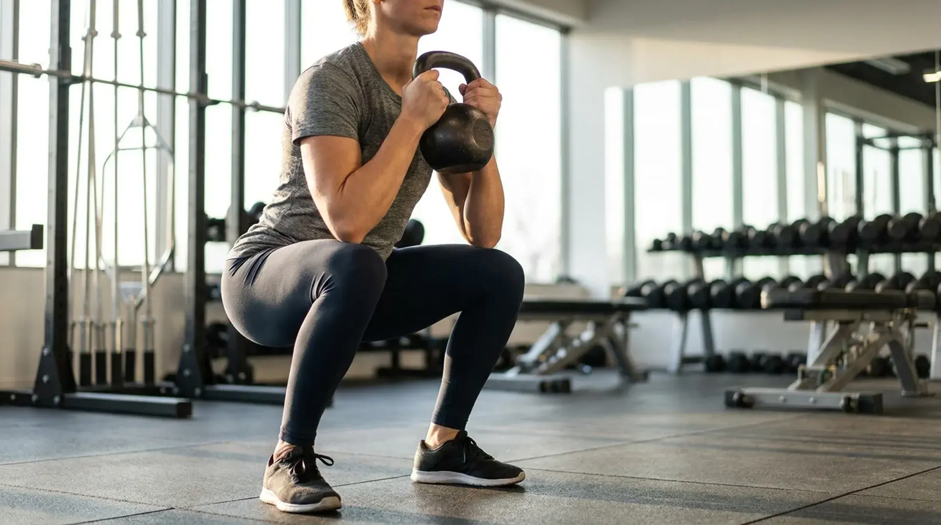 Person performing a kettlebell goblet squat with proper form in a gym setting.