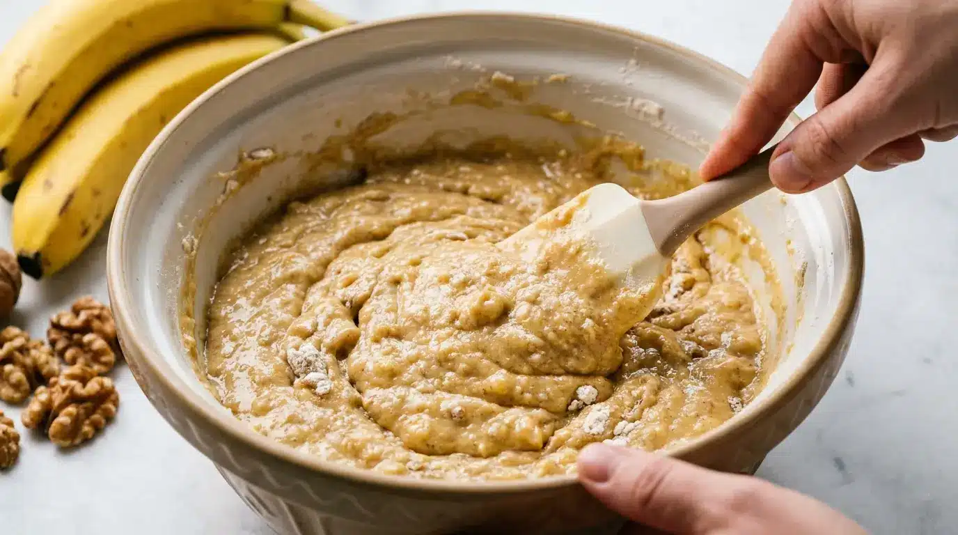 Banana bread batter being gently folded with a spatula in a mixing bowl, with bananas and walnuts nearby.
