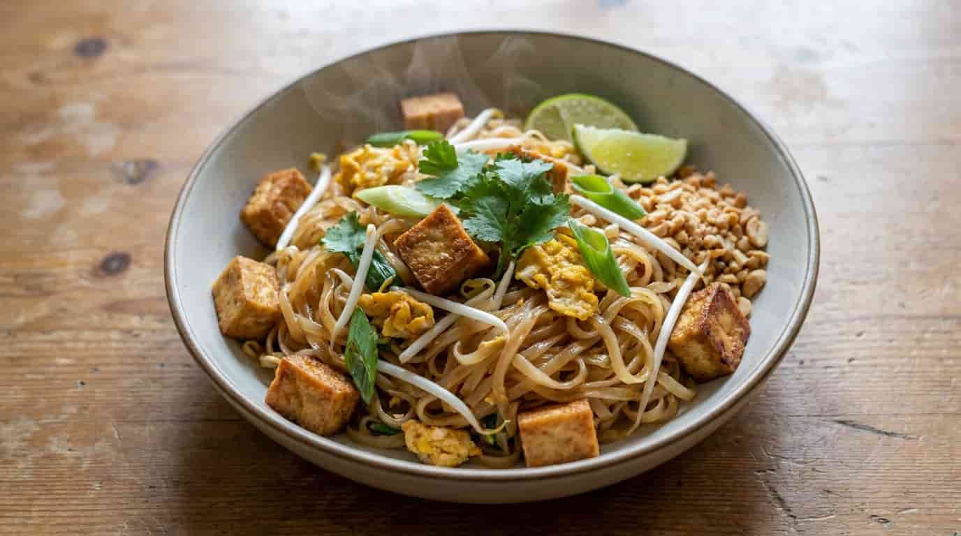 Tofu Pad Thai with rice noodles, golden tofu, egg, bean sprouts, peanuts, lime, cilantro, and green onions.
